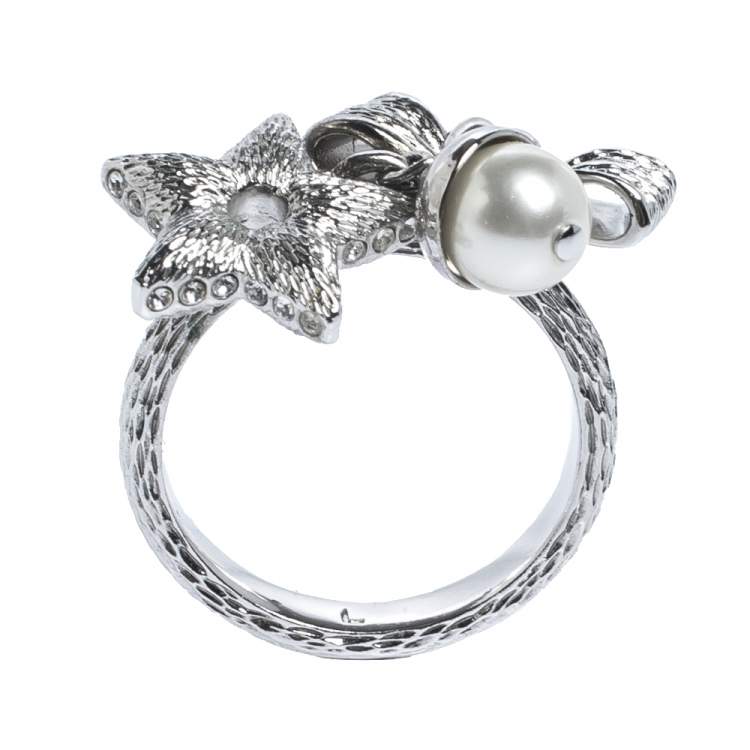 Pre Owned Dior Silver Tone Bow, Crystal Star & Faux Pearl Charm Ring L