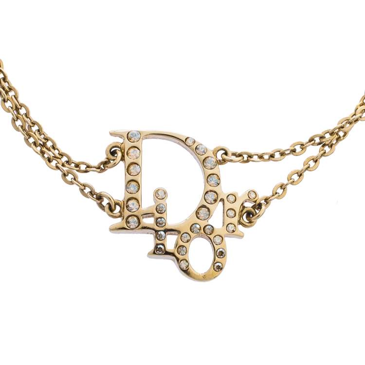 Pre Owned Dior Crystal Oblique Charm Double Chain Bracelet