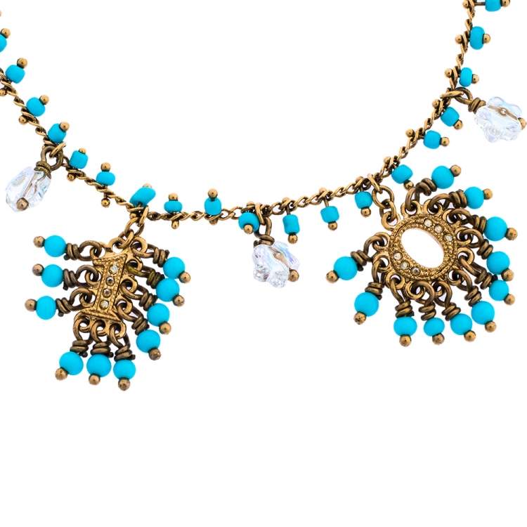 Pre Owned Dior Turquoise Blue Crystal Logo Beaded Bracelet