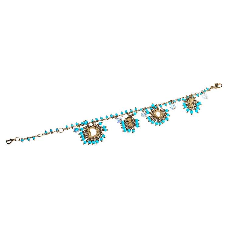 Pre Owned Dior Turquoise Blue Crystal Logo Beaded Bracelet