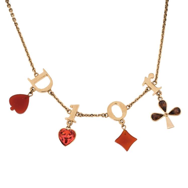 Pre Owned Dior Logo Charm Crystal Resin Gold Tone Necklace Adjustable