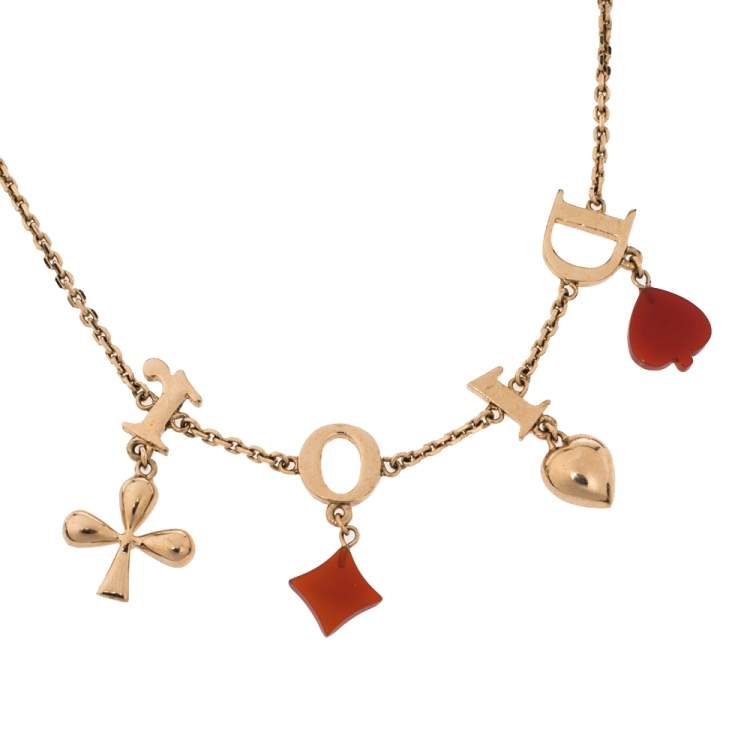 Pre Owned Dior Logo Charm Crystal Resin Gold Tone Necklace Adjustable