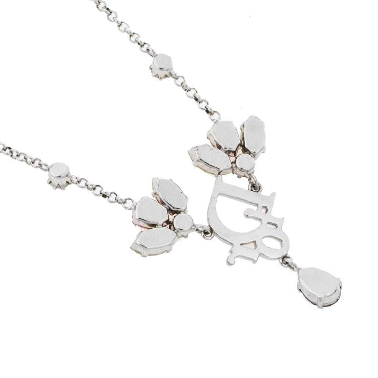 Pre Owned Dior Logo Crystal Embellished Silver Tone Necklace