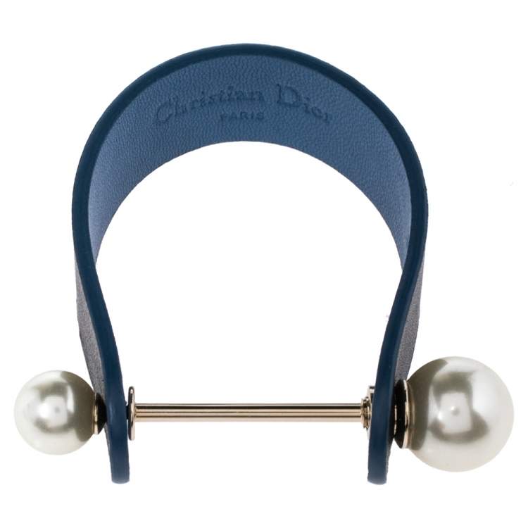 Pre Owned Dior Perle Blue Leather & Faux Pearl Cuff Bracelet M