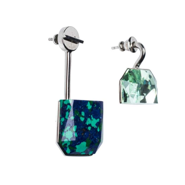 Pre Owned Dior Malachite Stone & Crystal Asymmetric Drop Earrings