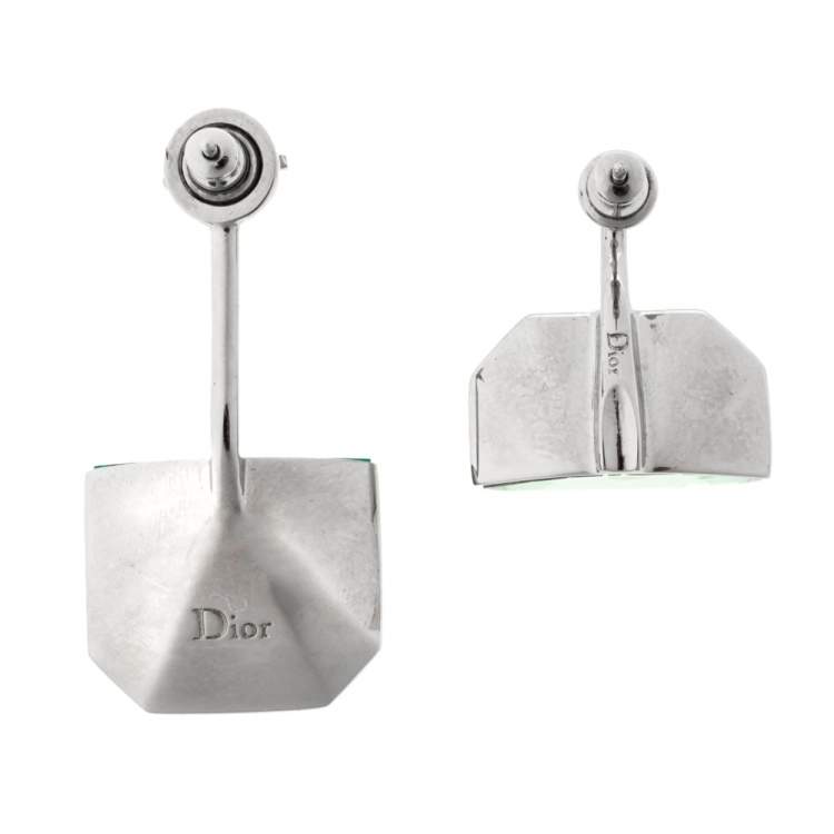 Pre Owned Dior Malachite Stone & Crystal Asymmetric Drop Earrings