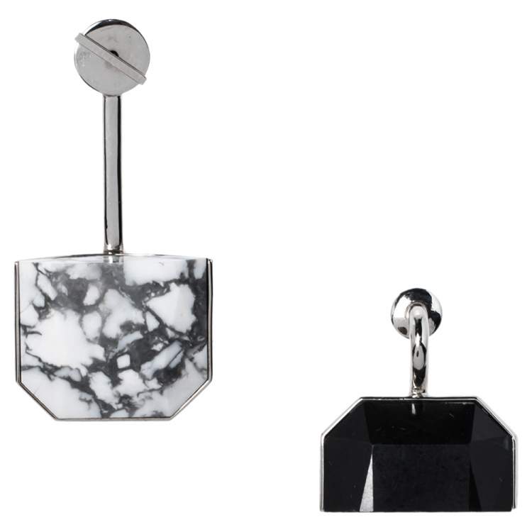 Pre Owned Dior Monotone Crystal & Howlite Asymmetric Drop Earrings