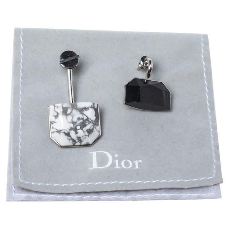 Pre Owned Dior Monotone Crystal & Howlite Asymmetric Drop Earrings