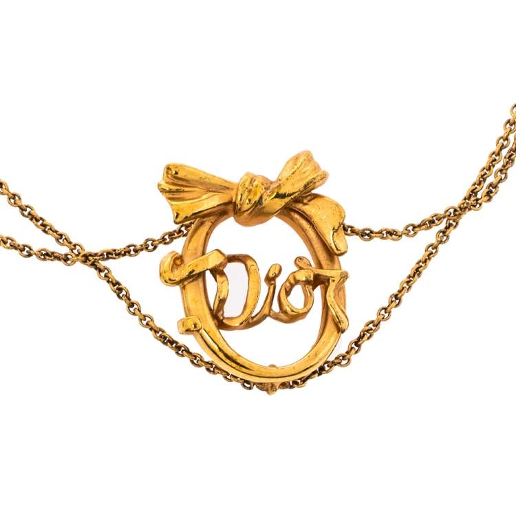 Pre Owned  Dior Vintage Bow Logo Gold Tone Double Chain Bracelet