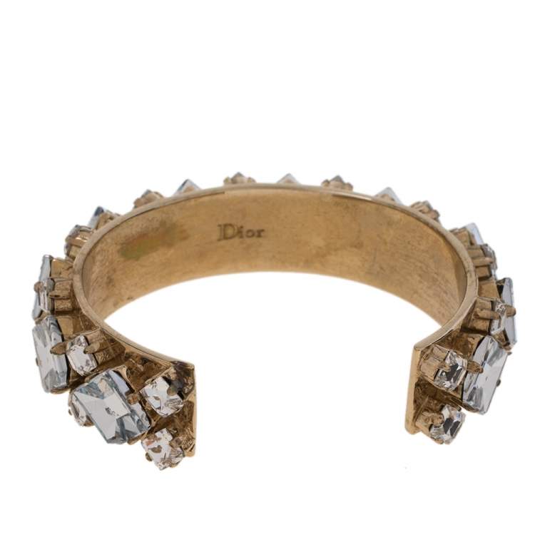 Pre Owned Dior Crystal Embellished Gold Tone Open Cuff Bracelet M