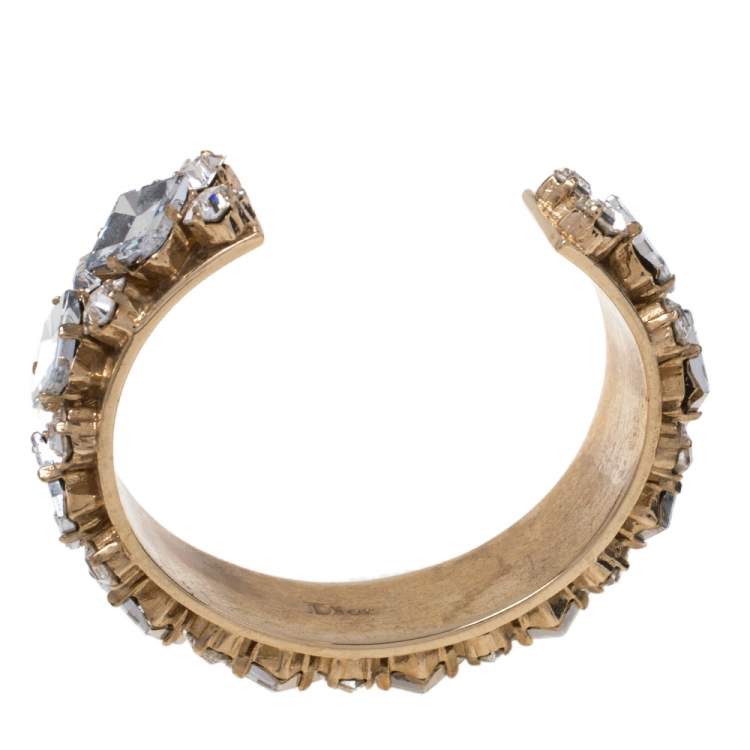 Pre Owned Dior Crystal Embellished Gold Tone Open Cuff Bracelet M