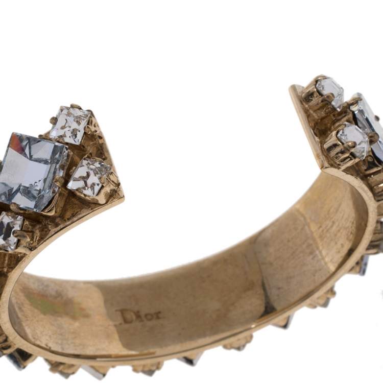 Pre Owned Dior Crystal Embellished Gold Tone Open Cuff Bracelet M