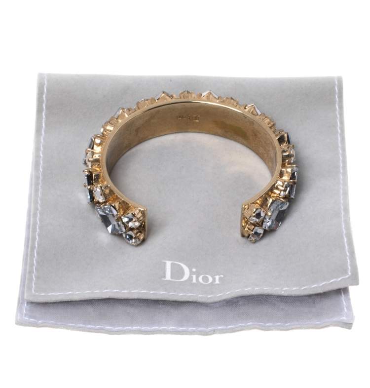 Pre Owned Dior Crystal Embellished Gold Tone Open Cuff Bracelet M
