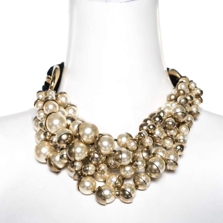 Pre Owned Dior Mise en Dior Faux Pearl Gold Tone Statement Necklace