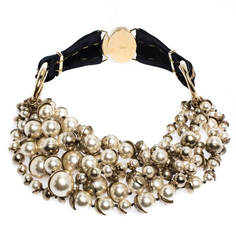 Pre Owned Dior Mise en Dior Faux Pearl Gold Tone Statement Necklace