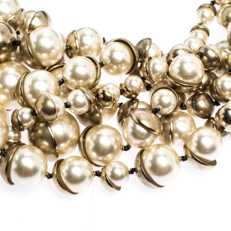 Pre Owned Dior Mise en Dior Faux Pearl Gold Tone Statement Necklace