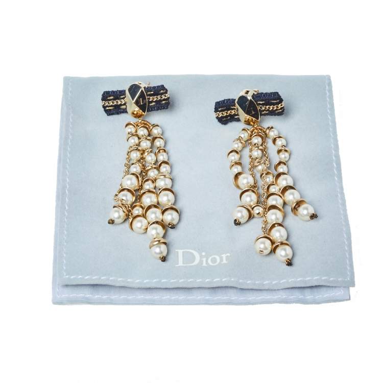 Pre Owned Dior Faux Pearl Gold Tone Long Drop Earrings