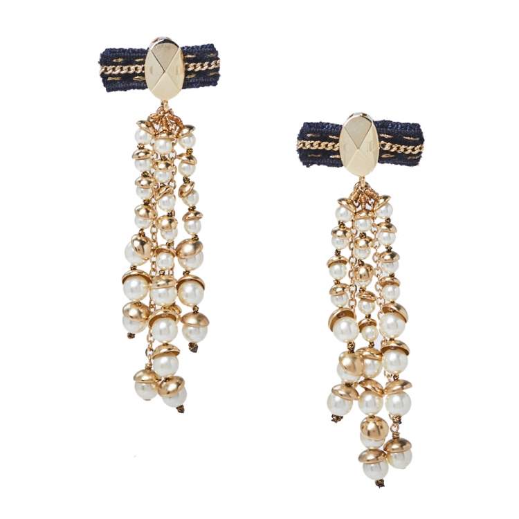 Pre Owned Dior Faux Pearl Gold Tone Long Drop Earrings