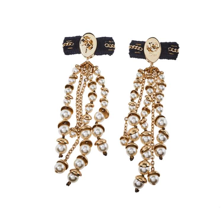 Pre Owned Dior Faux Pearl Gold Tone Long Drop Earrings