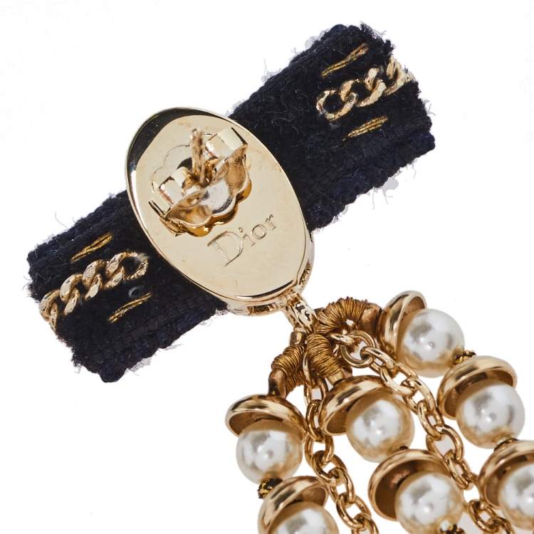 Pre Owned Dior Faux Pearl Gold Tone Long Drop Earrings