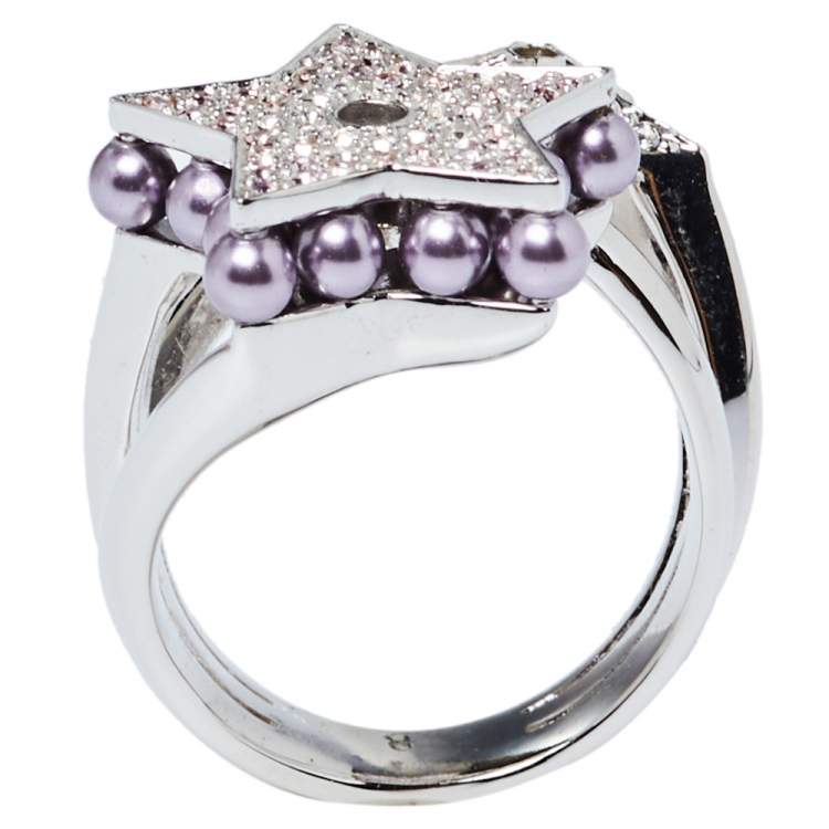 Pre Owned Dior Double Star Crystal and Bead Cocktail Ring Size EU 57
