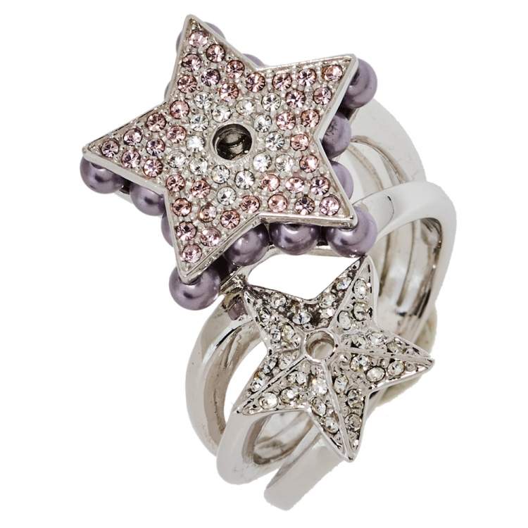 Pre Owned Dior Double Star Crystal and Bead Cocktail Ring Size EU 57
