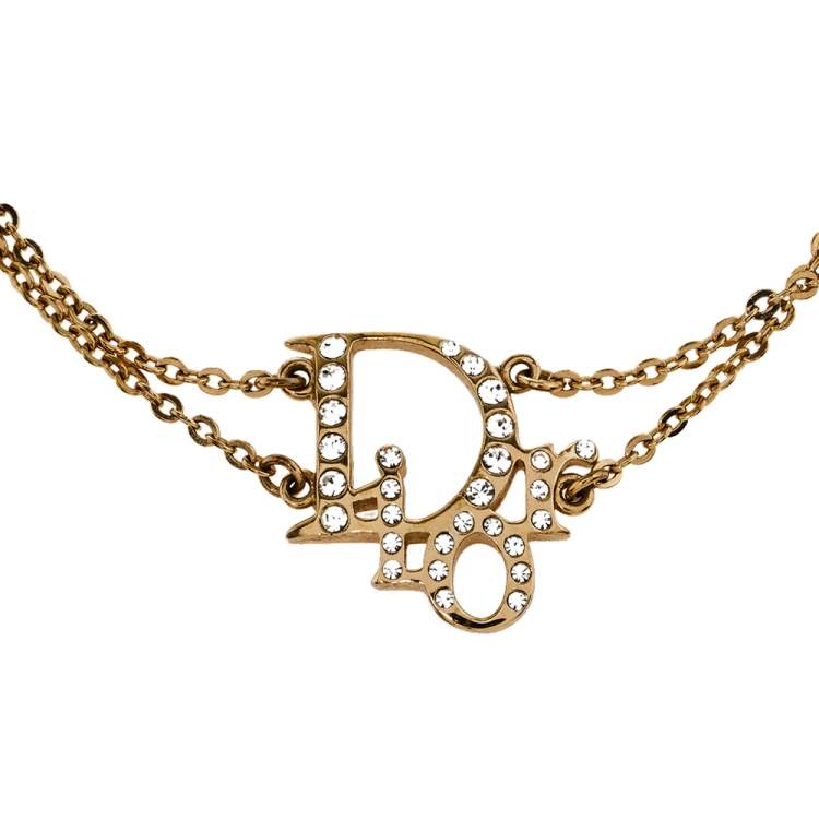 Pre Owned Dior Gold Tone Crystal Logo Double Chain Bracelet