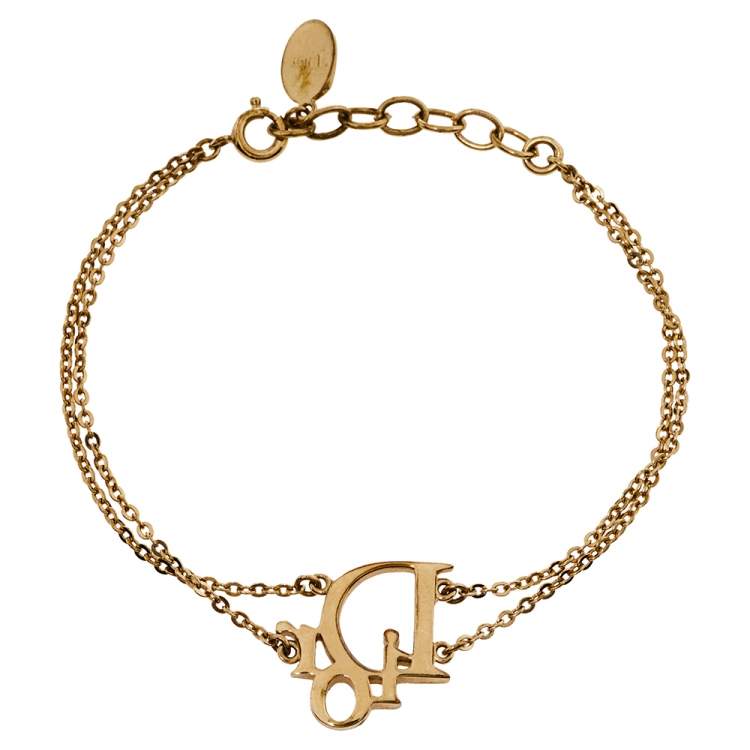 Pre Owned Dior Gold Tone Crystal Logo Double Chain Bracelet