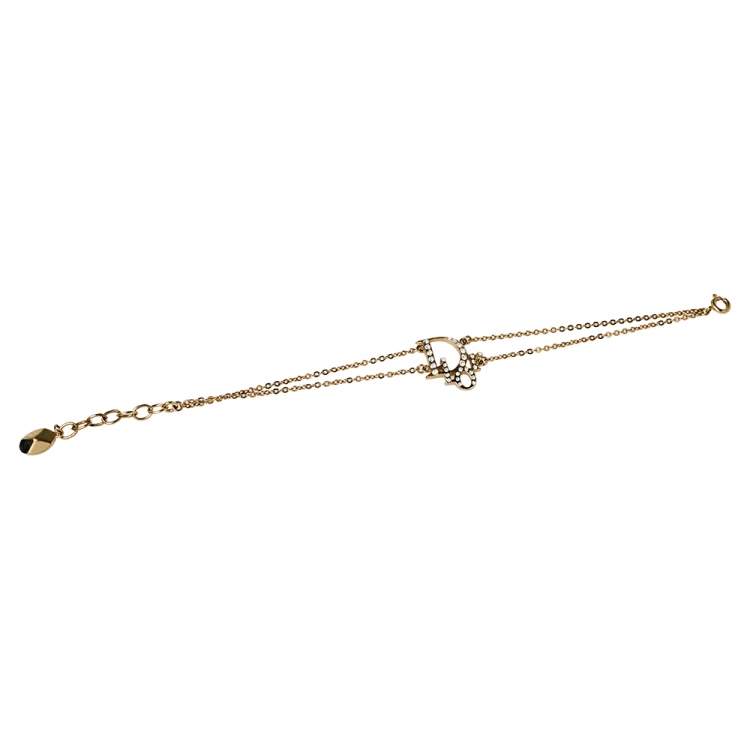 Pre Owned Dior Gold Tone Crystal Logo Double Chain Bracelet