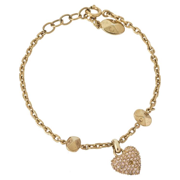 Pre Owned Dior Gold Tone Crystal Pavé Pop Heart Charm Bracelet