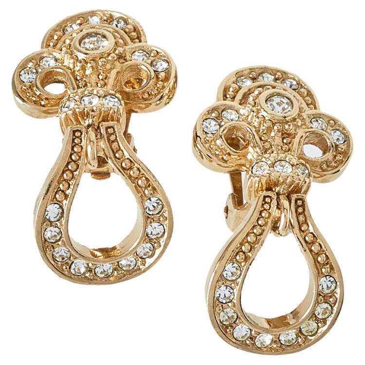 Pre Owned Dior Vintage Crystal Studded Gold Tone Dangle Clip-On Earrings
