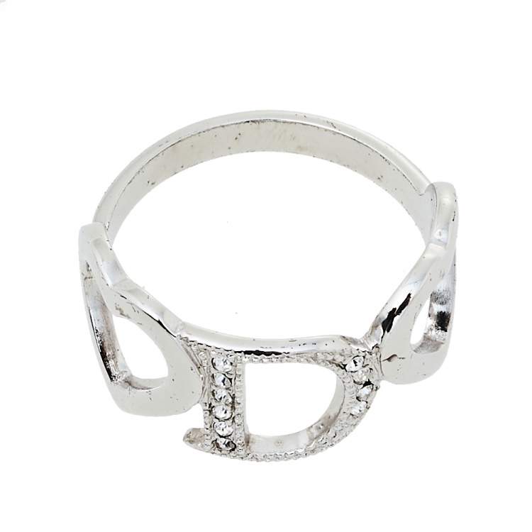 Pre Owned  Dior Silver Tone Crystal Heart Charm Ring Size EU 54.5