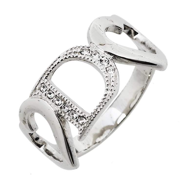 Pre Owned  Dior Silver Tone Crystal Heart Charm Ring Size EU 54.5