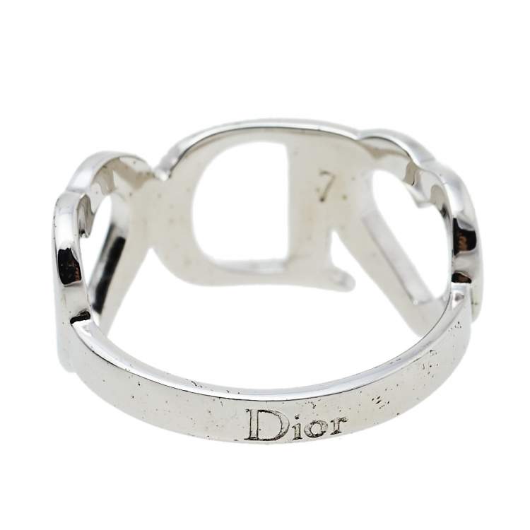 Pre Owned  Dior Silver Tone Crystal Heart Charm Ring Size EU 54.5