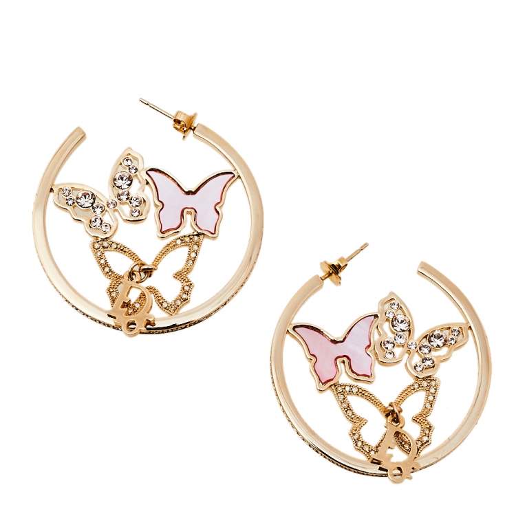 Pre Owned Dior Pink Mother of Pearl Butterfly Crystal Gold Tone Hoop Earrings