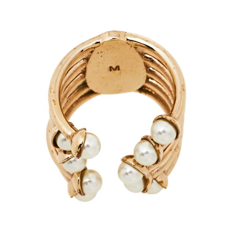 Pre Owned Dior Diorific Faux Pearl Open Cuff Ring M