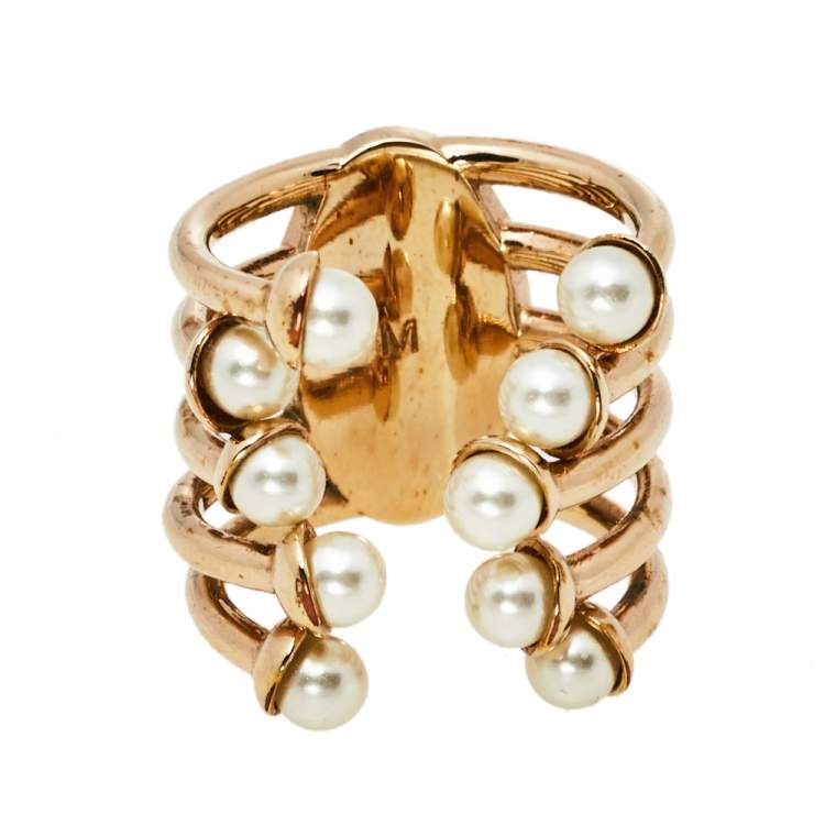 Pre Owned Dior Diorific Faux Pearl Open Cuff Ring M