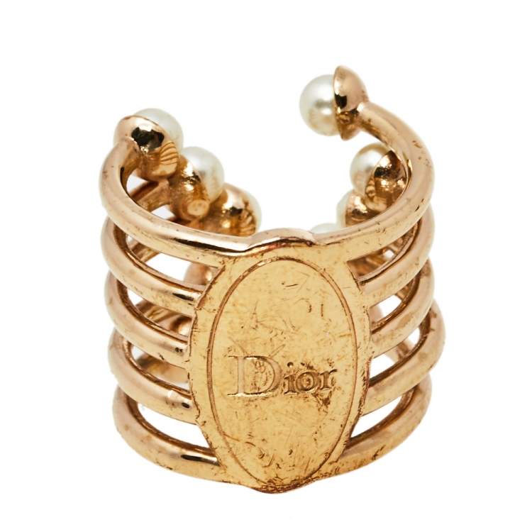 Pre Owned Dior Diorific Faux Pearl Open Cuff Ring M