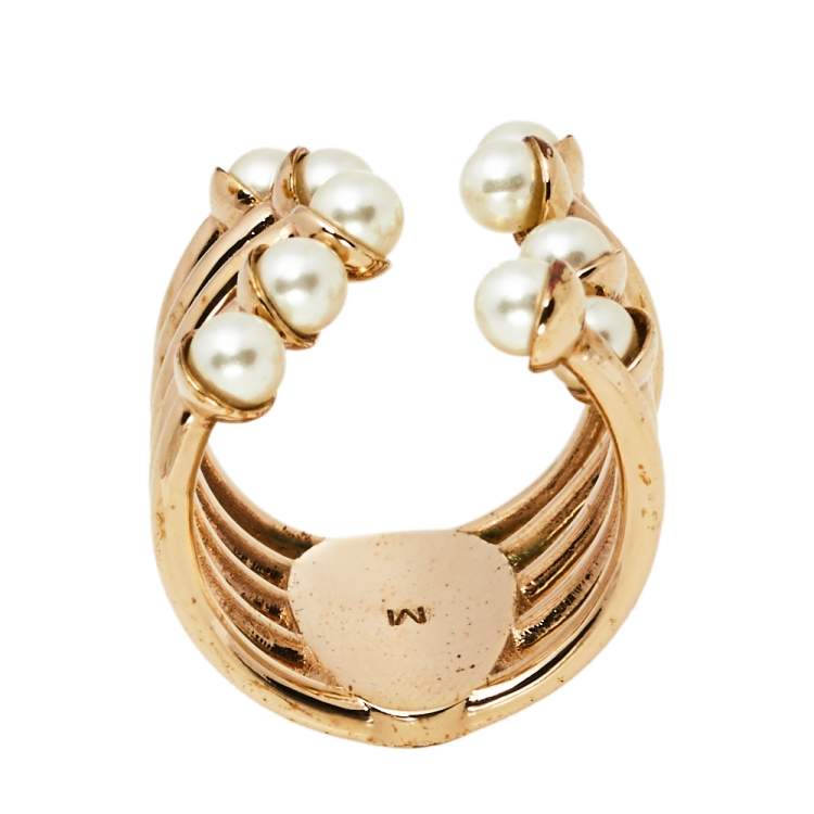 Pre Owned Dior Diorific Faux Pearl Open Cuff Ring M