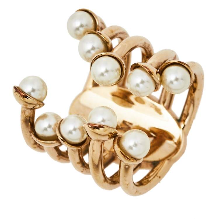 Pre Owned Dior Diorific Faux Pearl Open Cuff Ring M