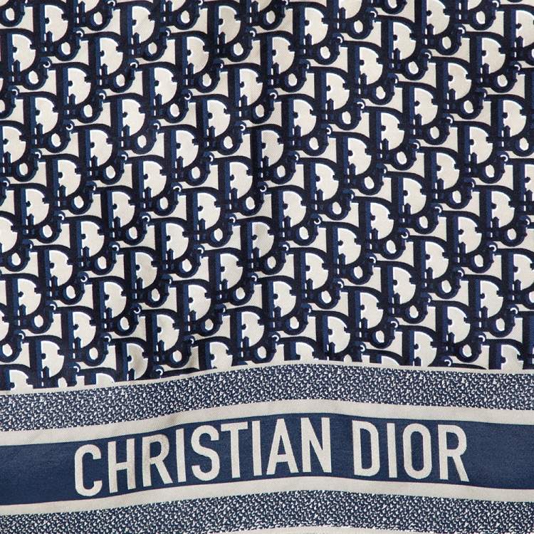 Pre Owned Dior Navy Blue & Beige Oblique Square Silk Scarf