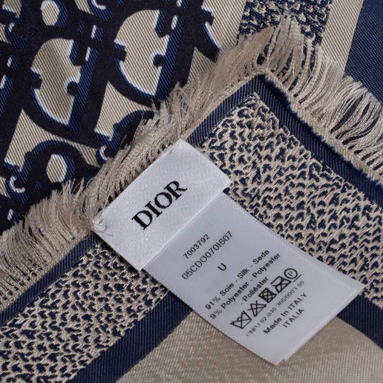 Pre Owned Dior Navy Blue & Beige Oblique Square Silk Scarf