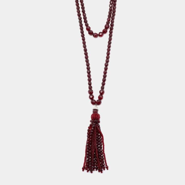 Pre Owned Dior Vintage Garnet Beaded Tassel Pendant Multi Strand Necklace 
