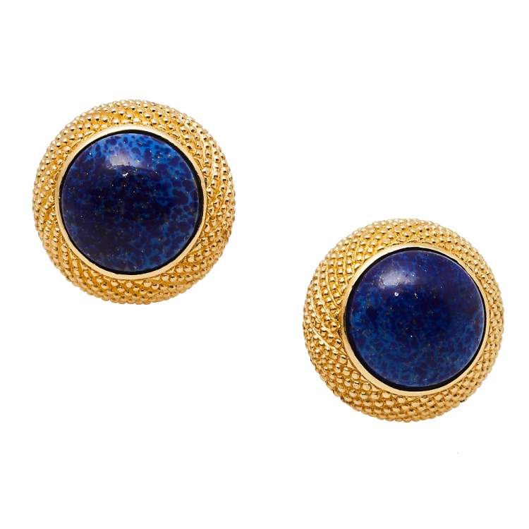 Pre Owned Christian Dior Gold Tone Blue Resin Round Clip On Stud Earrings 