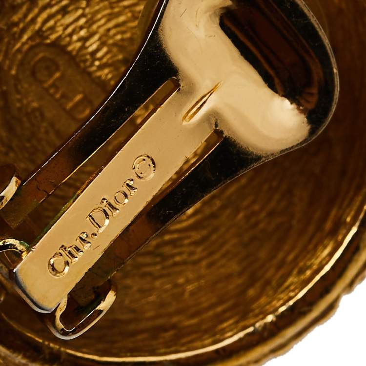 Pre Owned Christian Dior Gold Tone Blue Resin Round Clip On Stud Earrings 