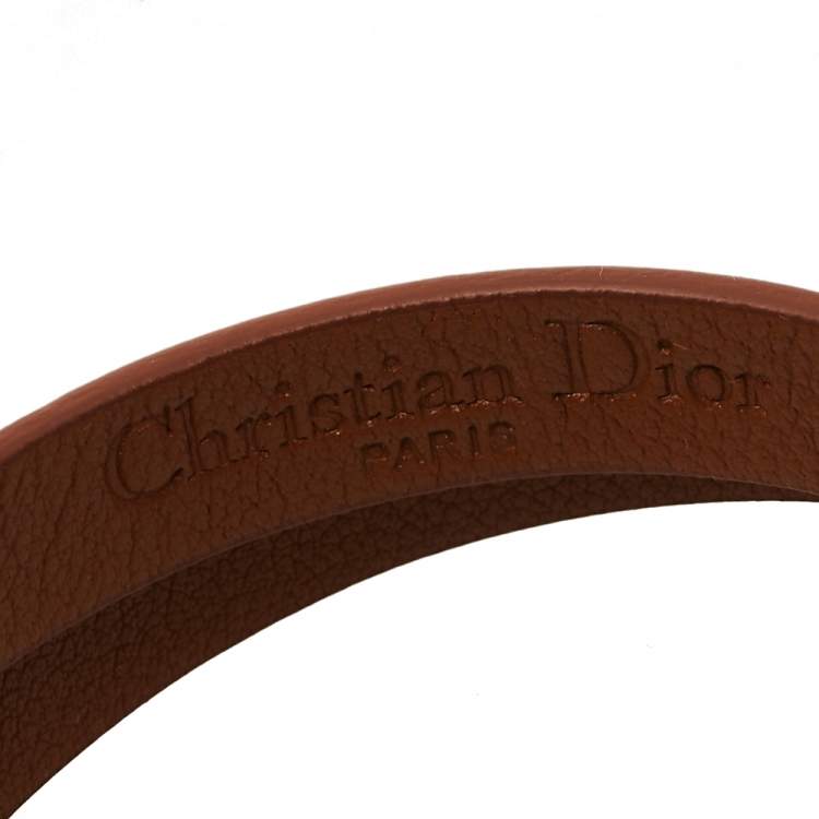 Pre Owned Dior Silver Tone Brown Leather & Faux Pearl Mise en Dior Wrap Bracelet 