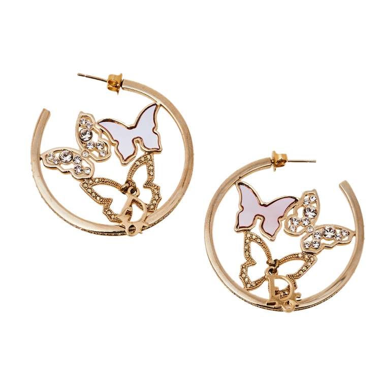Pre Owned Dior Pink Mother of Pearl Butterfly Crystal Gold Tone Hoop Earrings