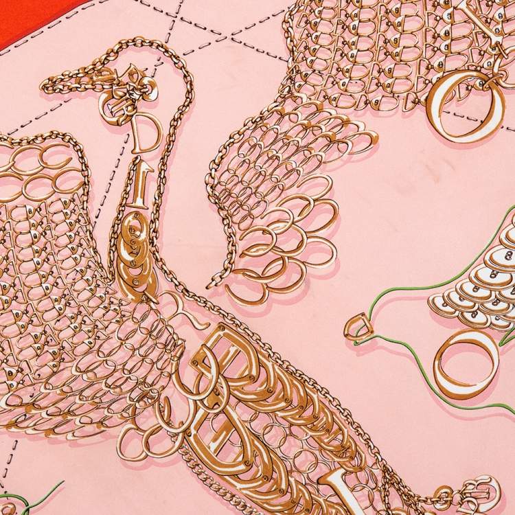 Pre Owned Dior Pink & Orange Bird Logo Charm Silk Square Scarf
