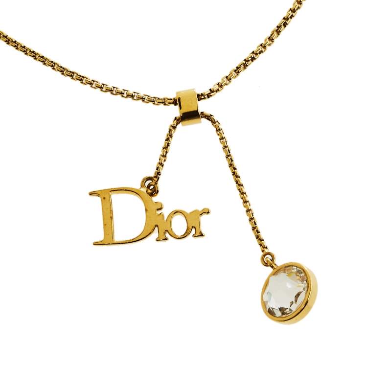 Pre Owned Dior Gold Tone Logo & Crystal Charm Bracelet