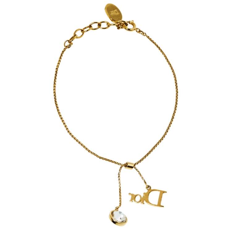 Pre Owned Dior Gold Tone Logo & Crystal Charm Bracelet